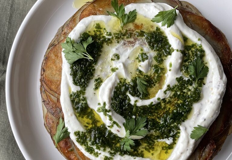 Pommes Anna with Green Sauce and Mustardy Greek Yogurt