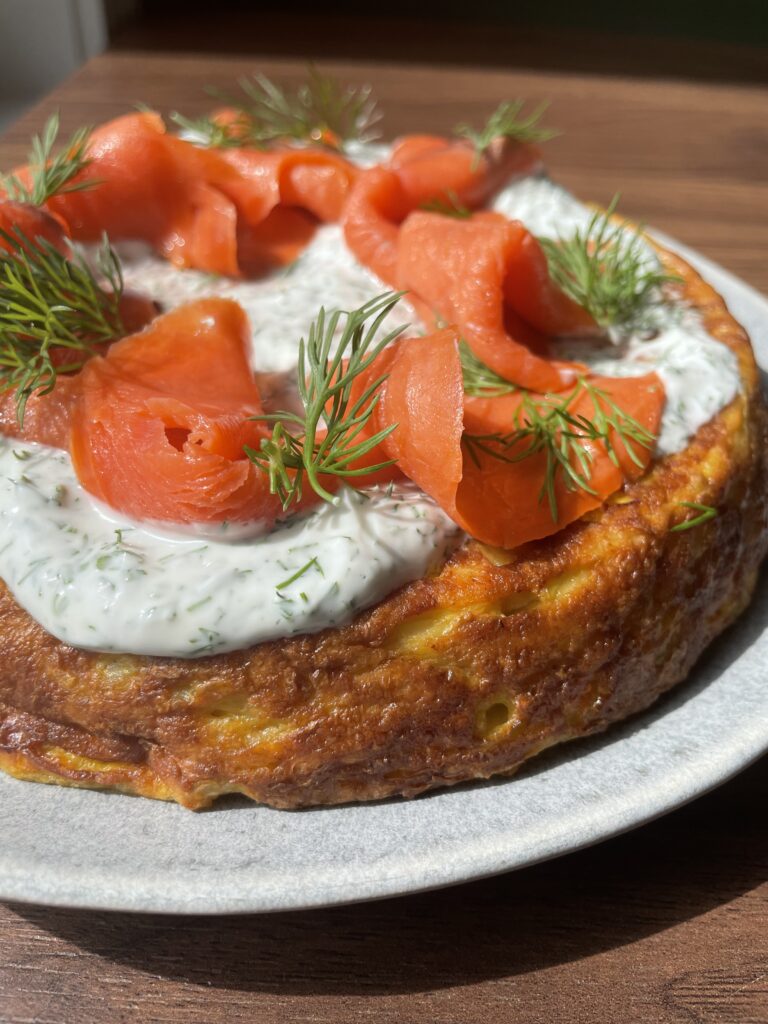 Potato and Parmesan Frittata with Smoked Salmon and Dilly Sour Cream