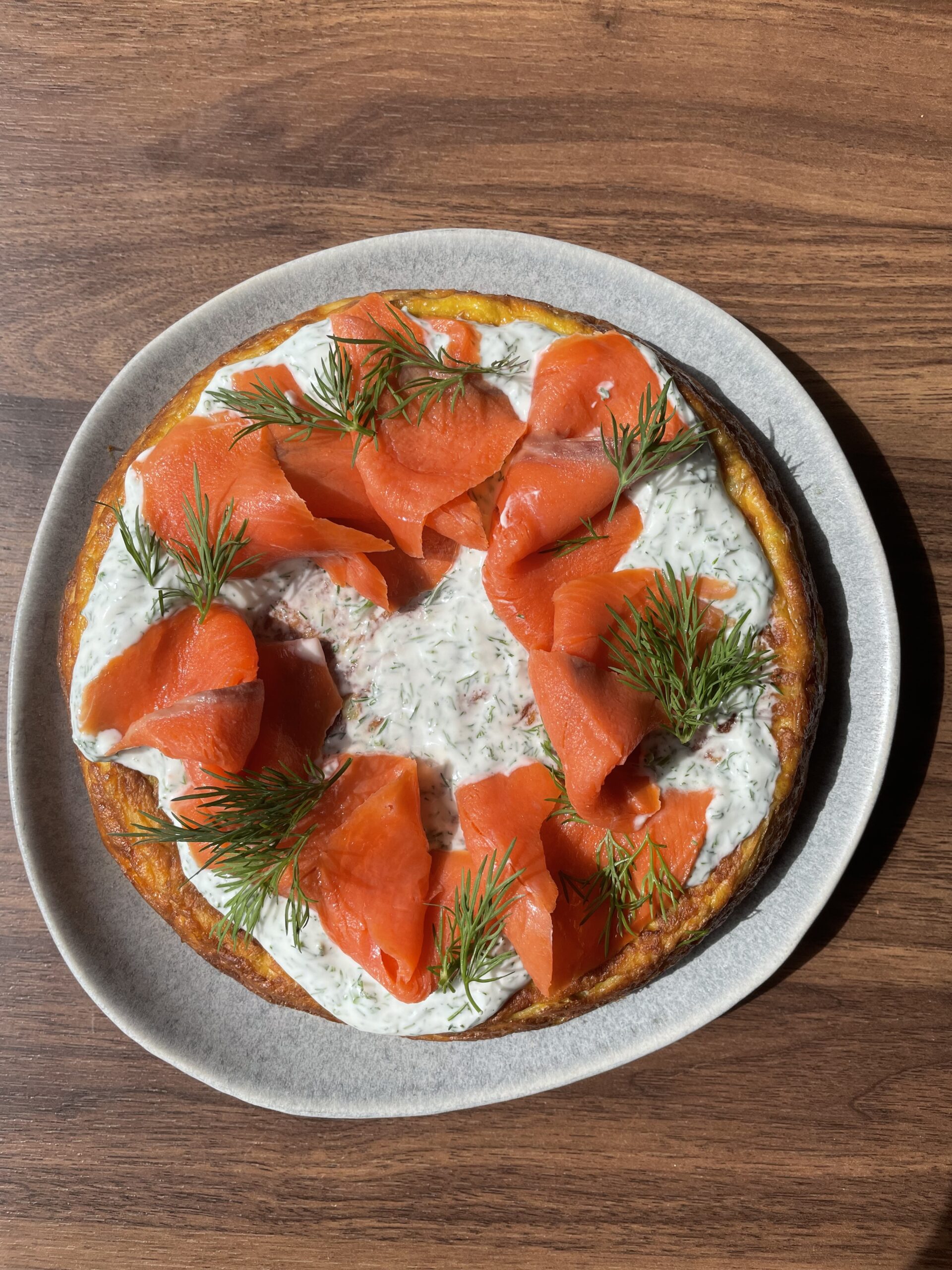 Potato and Parmesan Frittata with Smoked Salmon and Dilly Sour Cream