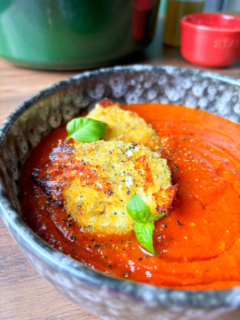 Smoky Roasted Red Pepper Soup with Crispy Goat Cheese